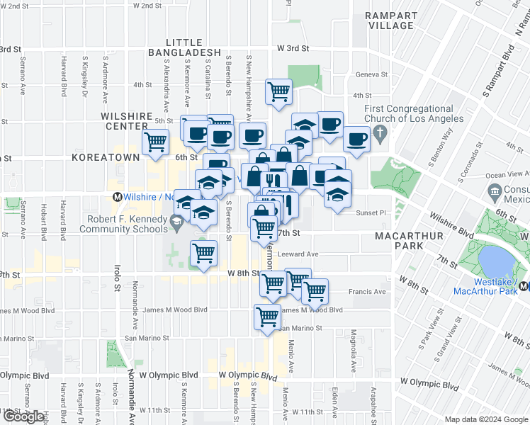 map of restaurants, bars, coffee shops, grocery stores, and more near 3055 7th Street in Los Angeles