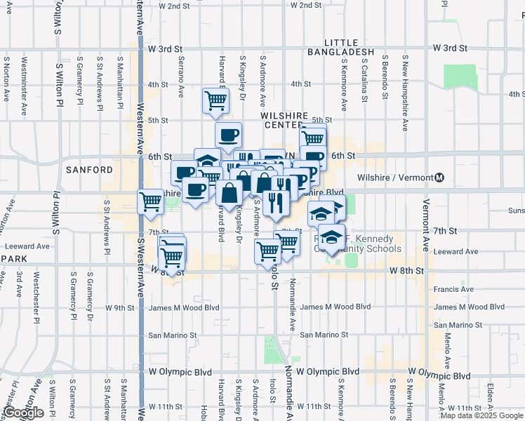 map of restaurants, bars, coffee shops, grocery stores, and more near 686 South Ardmore Avenue in Los Angeles