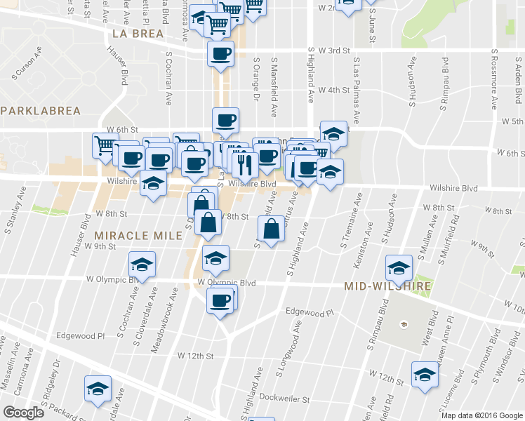map of restaurants, bars, coffee shops, grocery stores, and more near 750 South Mansfield Avenue in Los Angeles
