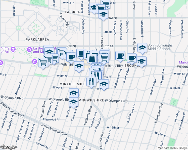 map of restaurants, bars, coffee shops, grocery stores, and more near 5314 West 8th Street in Los Angeles