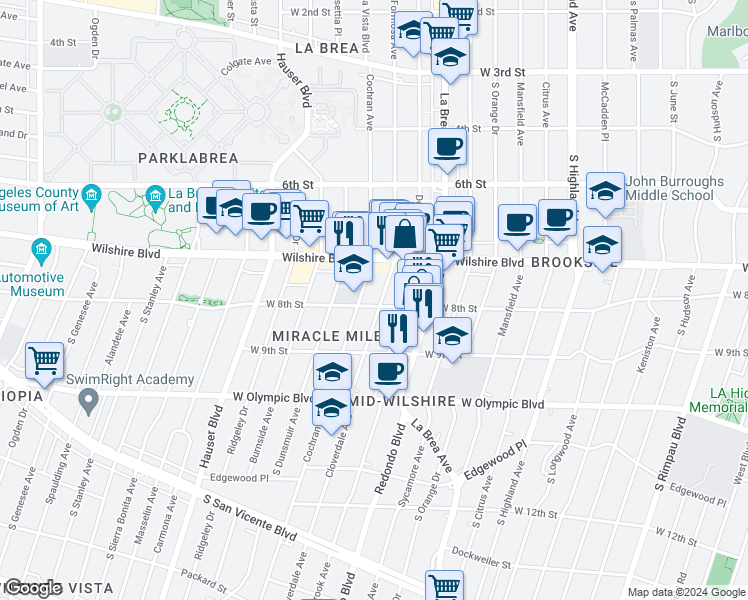 map of restaurants, bars, coffee shops, grocery stores, and more near 803 South Cloverdale Avenue in Los Angeles