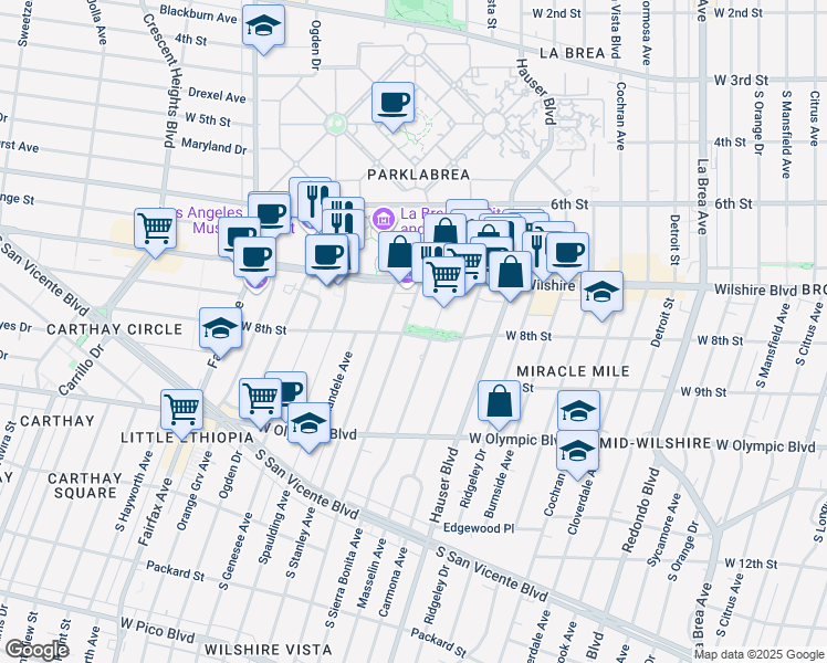map of restaurants, bars, coffee shops, grocery stores, and more near 807 South Curson Avenue in Los Angeles