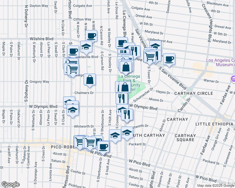 map of restaurants, bars, coffee shops, grocery stores, and more near 333 South La Cienega Boulevard in Beverly Hills