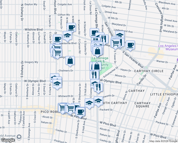 map of restaurants, bars, coffee shops, grocery stores, and more near 333 South La Cienega Boulevard in Beverly Hills