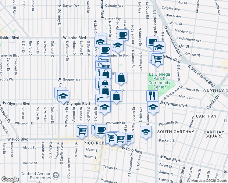 map of restaurants, bars, coffee shops, grocery stores, and more near 913 South Shenandoah Street in Los Angeles
