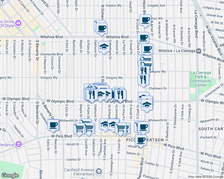 map of restaurants, bars, coffee shops, grocery stores, and more near 345 South Wetherly Drive in Beverly Hills