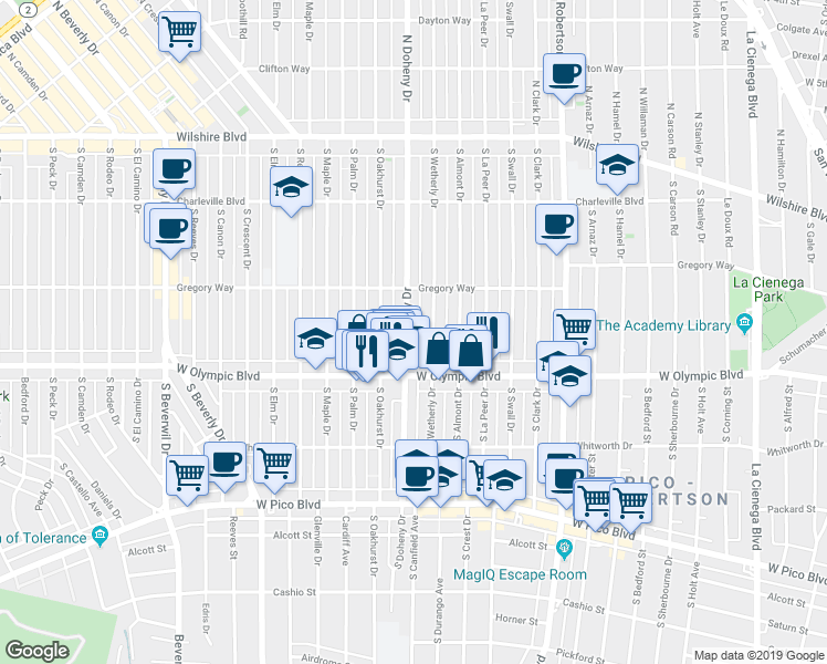 map of restaurants, bars, coffee shops, grocery stores, and more near 345 South Wetherly Drive in Beverly Hills
