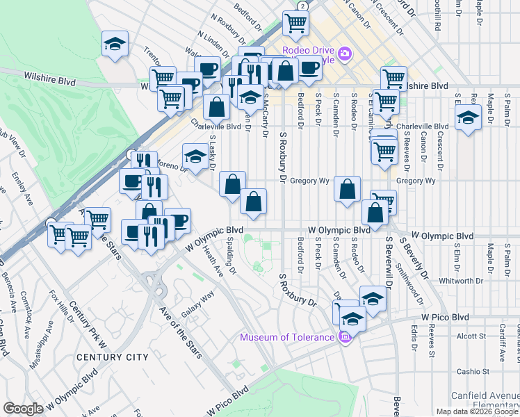 map of restaurants, bars, coffee shops, grocery stores, and more near 341 South McCarty Drive in Beverly Hills