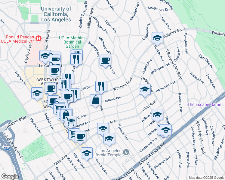 map of restaurants, bars, coffee shops, grocery stores, and more near 10660 Wilshire Boulevard in Los Angeles