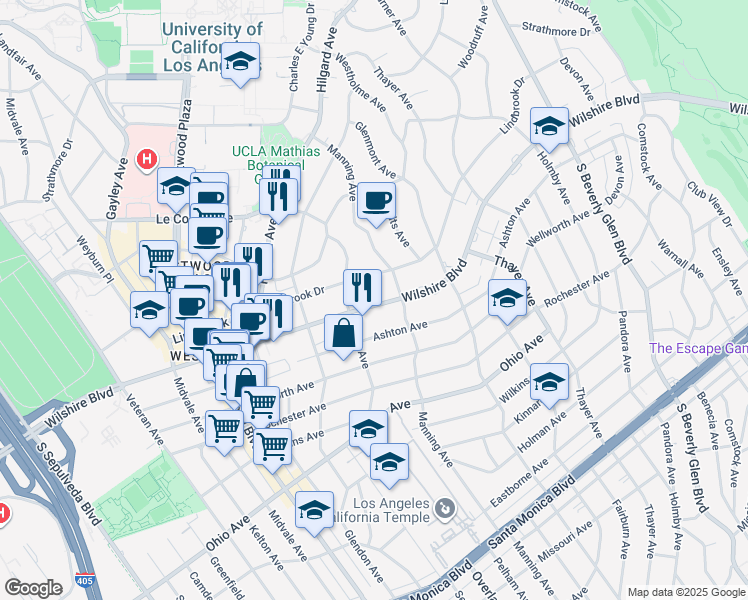 map of restaurants, bars, coffee shops, grocery stores, and more near 10724 Wilshire Boulevard in Los Angeles