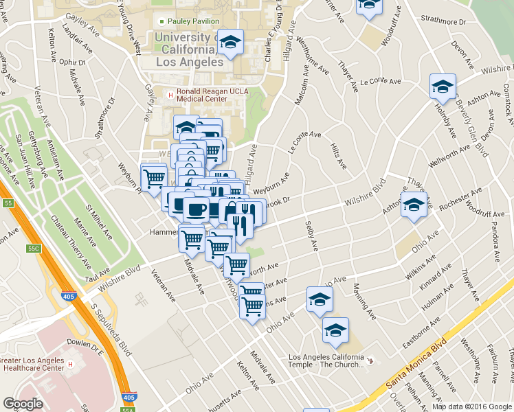 map of restaurants, bars, coffee shops, grocery stores, and more near 10830 Lindbrook Drive in Los Angeles