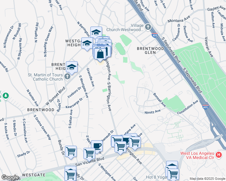 map of restaurants, bars, coffee shops, grocery stores, and more near 419 1/2 South Barrington Avenue in Los Angeles