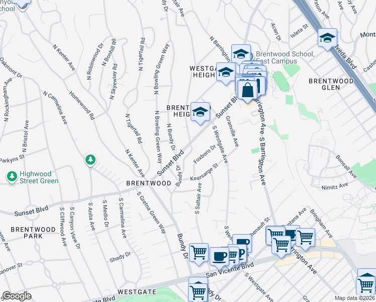 map of restaurants, bars, coffee shops, grocery stores, and more near 124 South Saltair Avenue in Los Angeles