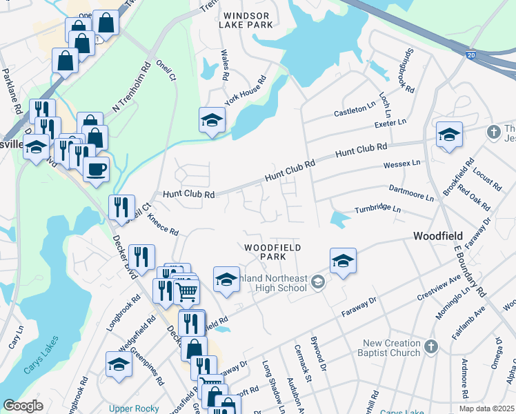 map of restaurants, bars, coffee shops, grocery stores, and more near 7502 Hunt Club Road in Columbia