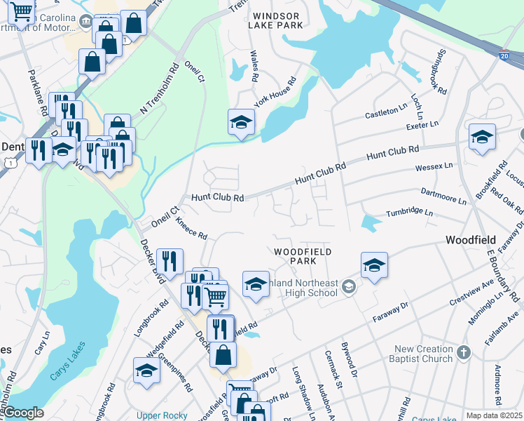 map of restaurants, bars, coffee shops, grocery stores, and more near 7502 Hunt Club Road in Columbia
