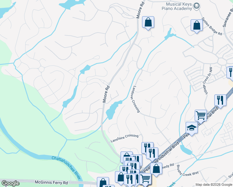 map of restaurants, bars, coffee shops, grocery stores, and more near 931 Lakefaire Landing in Suwanee