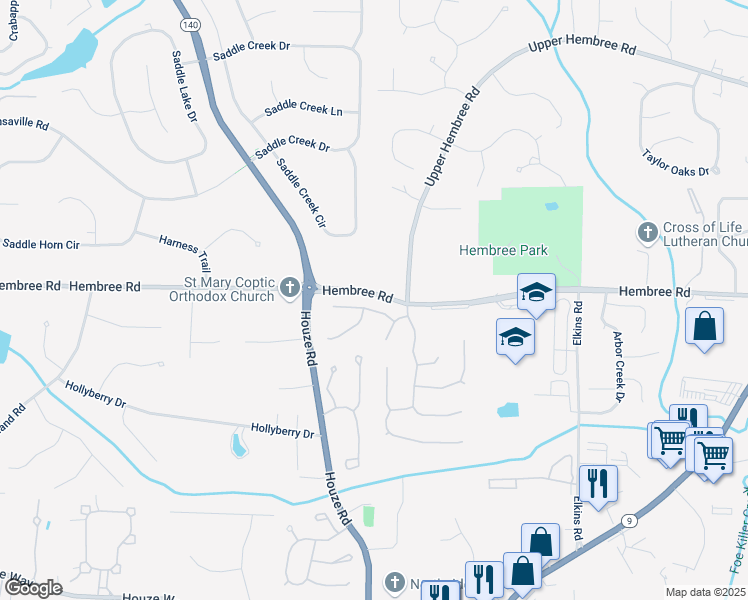 map of restaurants, bars, coffee shops, grocery stores, and more near 230 Bluff Oak Drive in Roswell