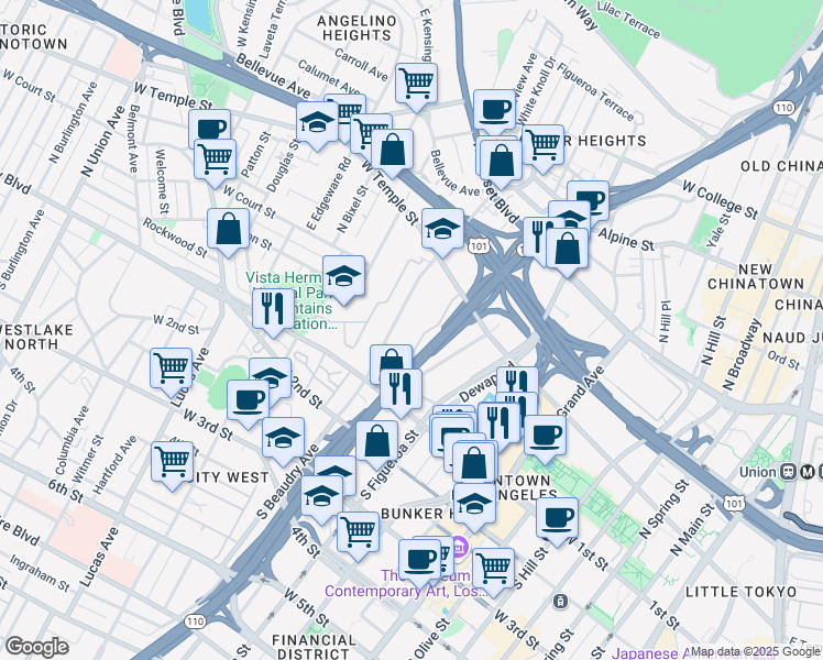 map of restaurants, bars, coffee shops, grocery stores, and more near 2 Mignonette Street in Los Angeles