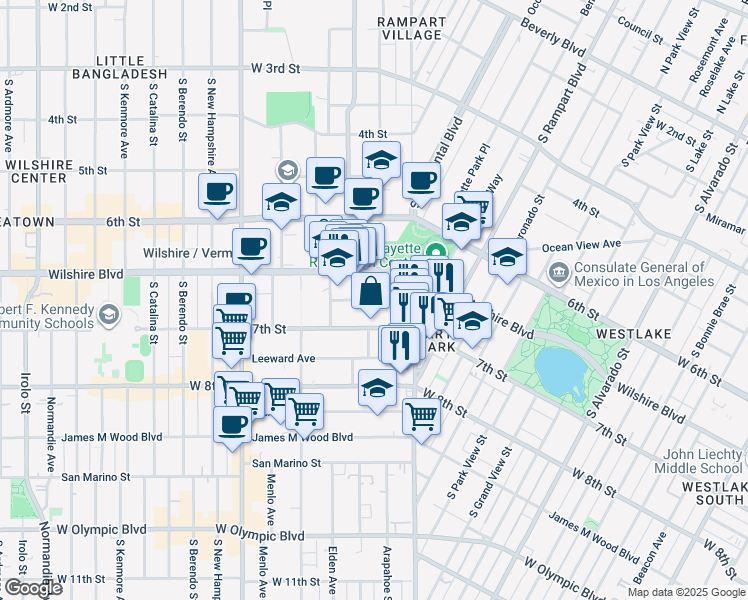 map of restaurants, bars, coffee shops, grocery stores, and more near Sunset Place in Los Angeles