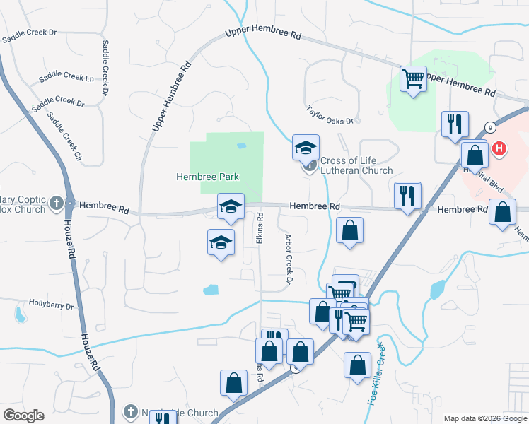 map of restaurants, bars, coffee shops, grocery stores, and more near 905 Hembree Road in Roswell