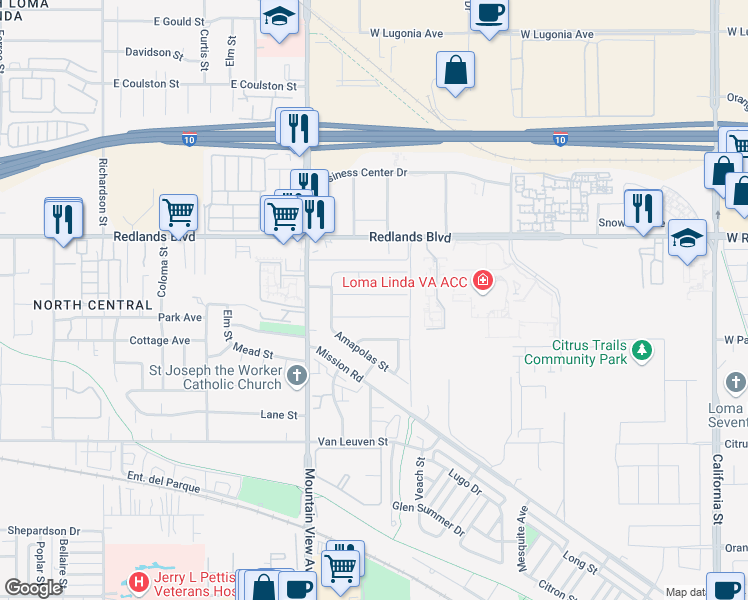 map of restaurants, bars, coffee shops, grocery stores, and more near 25831 Chula Vista Street in Redlands