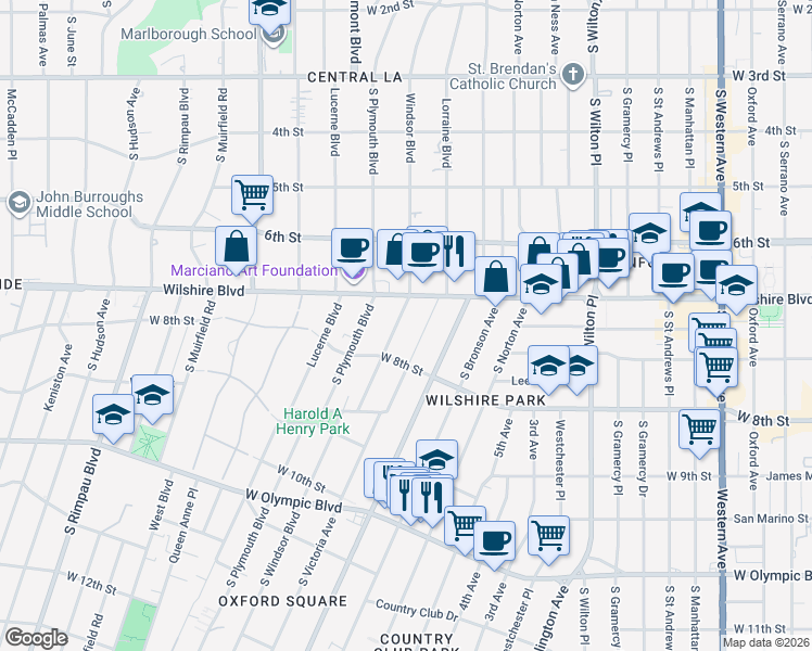map of restaurants, bars, coffee shops, grocery stores, and more near 728 South Windsor Boulevard in Los Angeles
