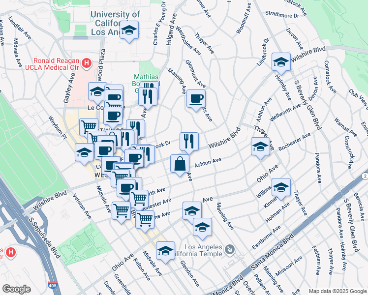 map of restaurants, bars, coffee shops, grocery stores, and more near 10747 Wilshire Boulevard in Los Angeles