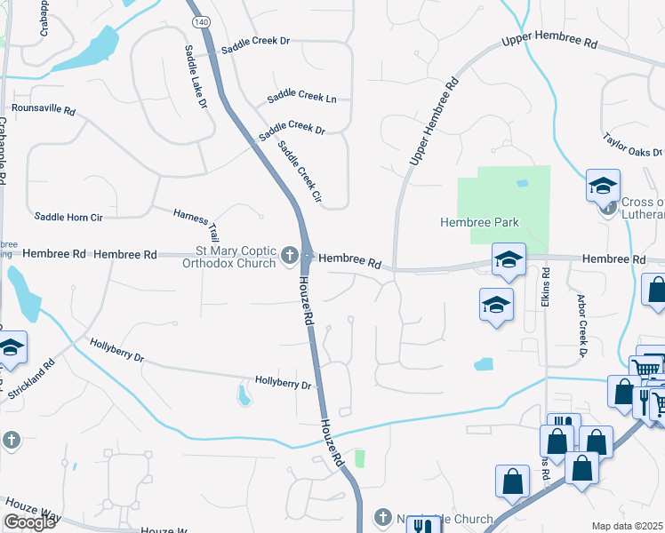 map of restaurants, bars, coffee shops, grocery stores, and more near 290 Bluff Oak Drive in Roswell