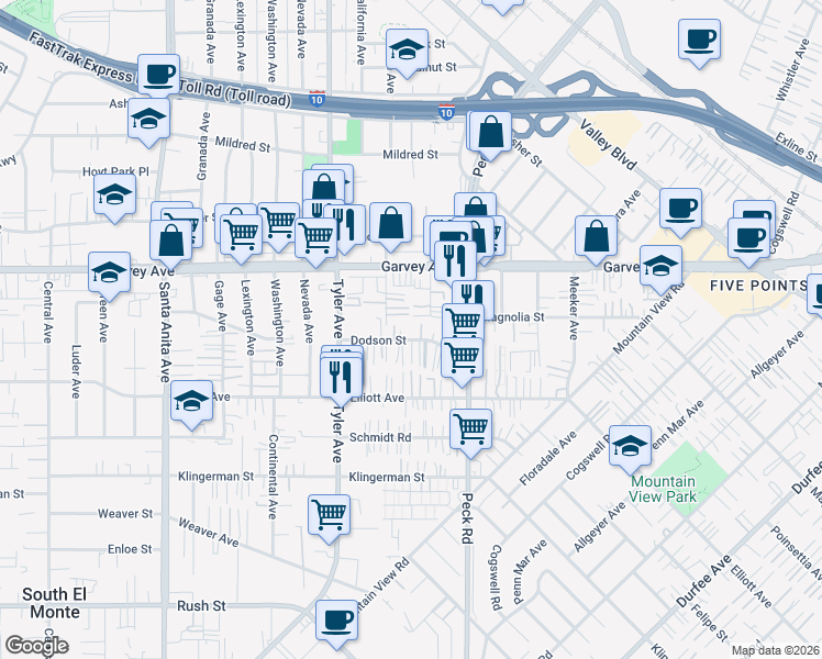 map of restaurants, bars, coffee shops, grocery stores, and more near 11131 Dodson Street in El Monte