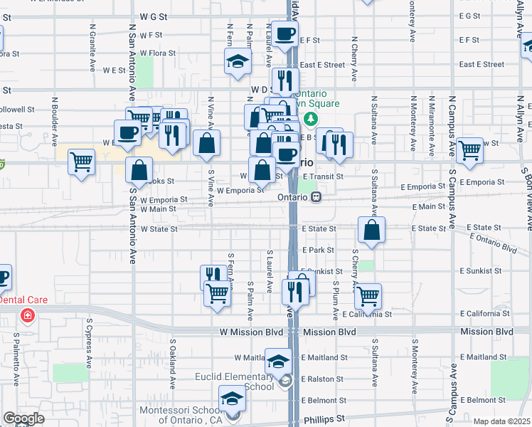 map of restaurants, bars, coffee shops, grocery stores, and more near 304 South Laurel Avenue in Ontario
