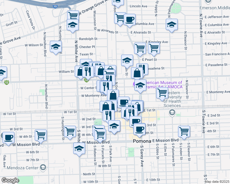 map of restaurants, bars, coffee shops, grocery stores, and more near 335 North Gordon Street in Pomona