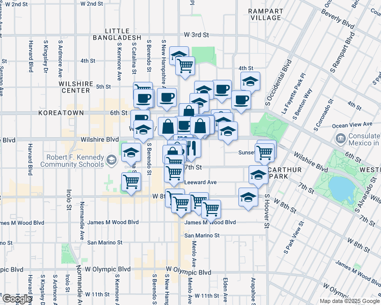 map of restaurants, bars, coffee shops, grocery stores, and more near 682 Shatto Place in Los Angeles