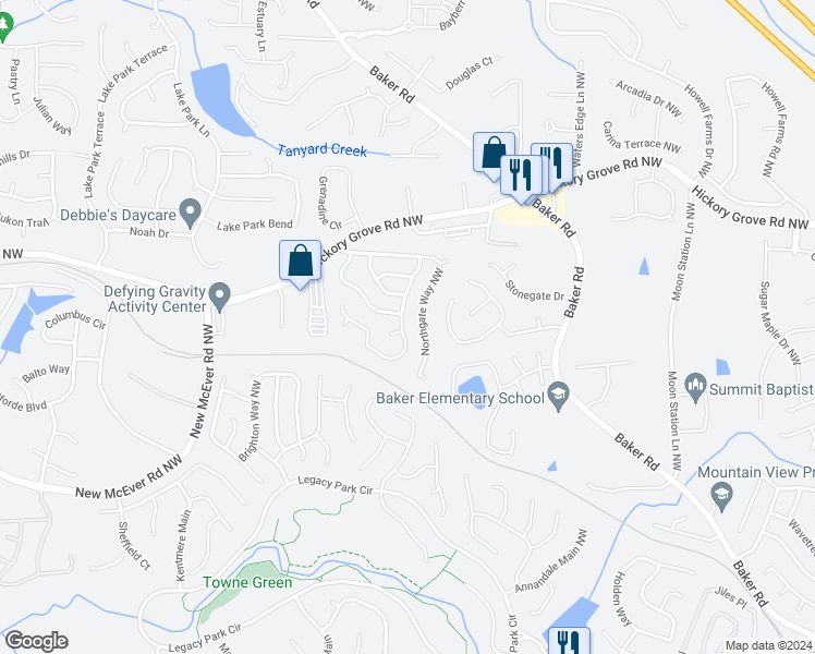 map of restaurants, bars, coffee shops, grocery stores, and more near 4473 High Gate Drive Northwest in Acworth