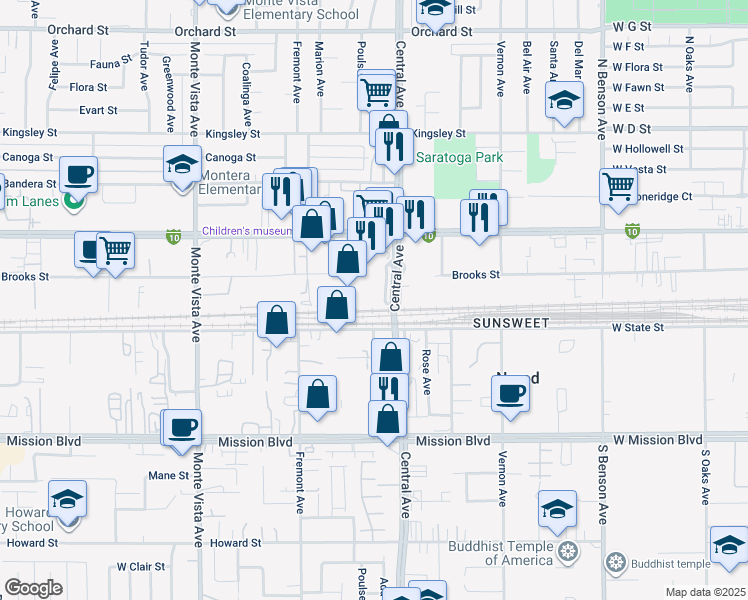 map of restaurants, bars, coffee shops, grocery stores, and more near 10625 Central Avenue in Montclair