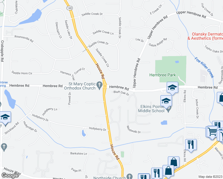 map of restaurants, bars, coffee shops, grocery stores, and more near 300 Bluff Oak Drive in Roswell