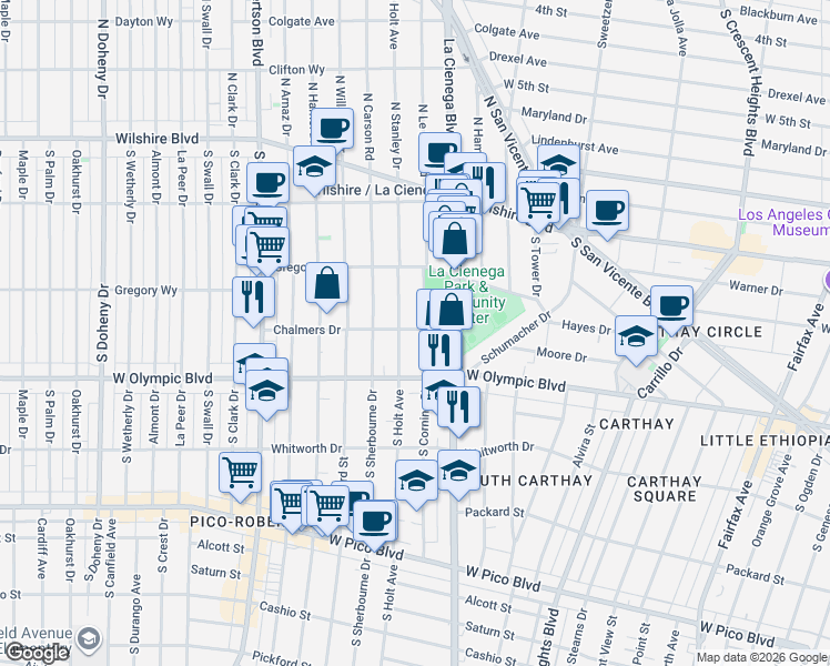 map of restaurants, bars, coffee shops, grocery stores, and more near 333 South La Cienega Boulevard in Beverly Hills