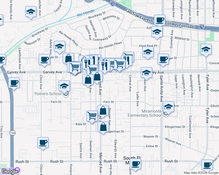 map of restaurants, bars, coffee shops, grocery stores, and more near Strozier Avenue in El Monte
