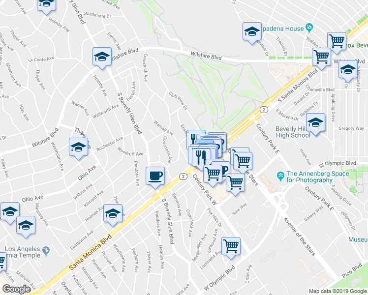 map of restaurants, bars, coffee shops, grocery stores, and more near 1714 Warnall Avenue in Los Angeles