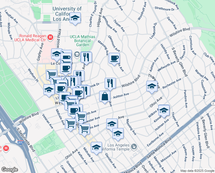 map of restaurants, bars, coffee shops, grocery stores, and more near 10747 Wilshire Boulevard in Los Angeles