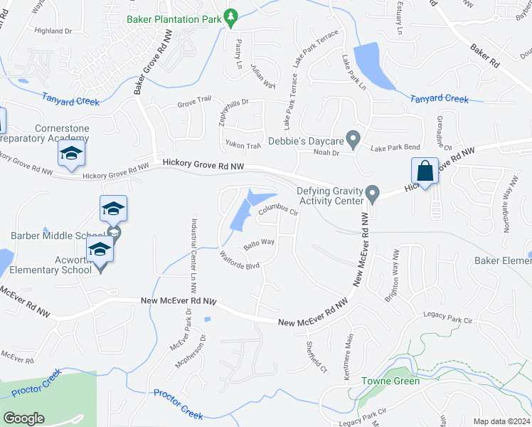 map of restaurants, bars, coffee shops, grocery stores, and more near 4521 Columbus Circle in Acworth