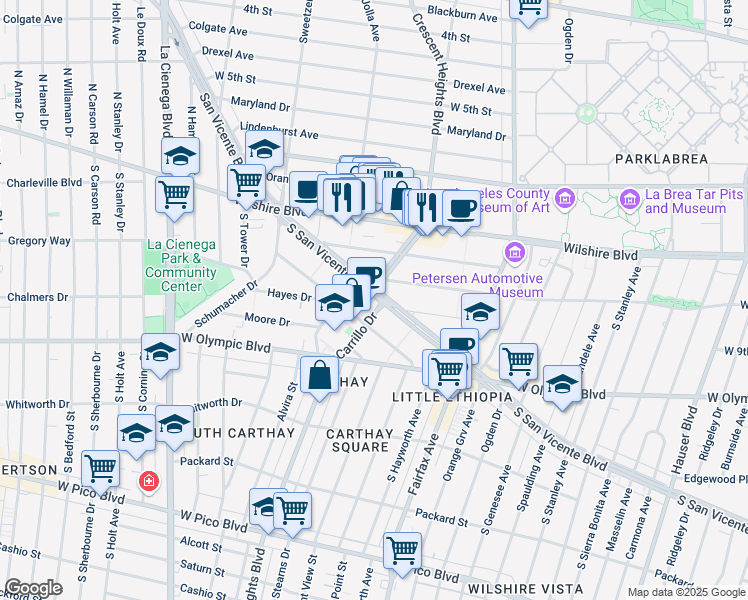 map of restaurants, bars, coffee shops, grocery stores, and more near 6310 San Vicente Boulevard in Los Angeles