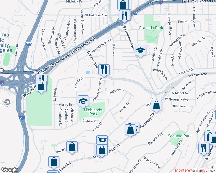 map of restaurants, bars, coffee shops, grocery stores, and more near 148 Casuda Canyon Drive in Monterey Park