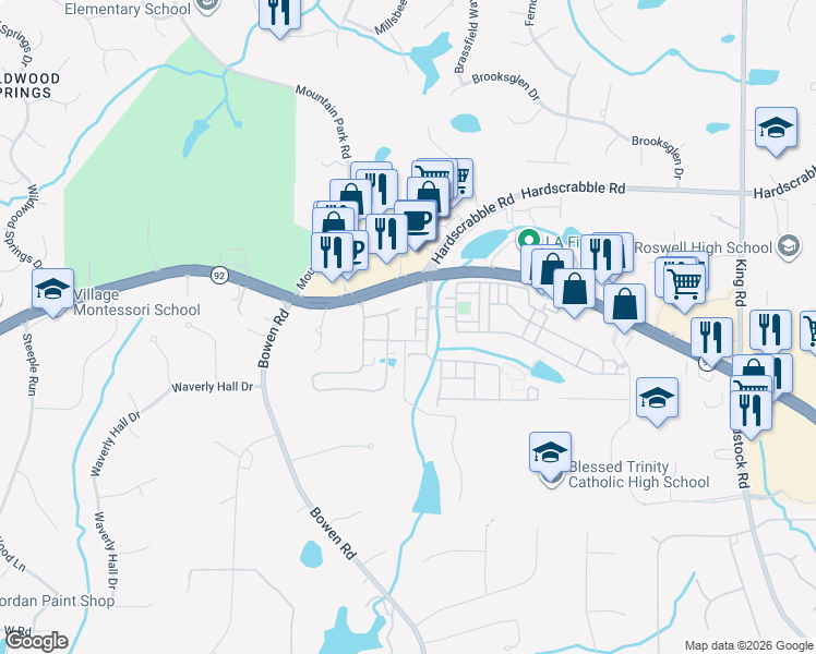 map of restaurants, bars, coffee shops, grocery stores, and more near 7106 Lowery Oak Drive in Roswell