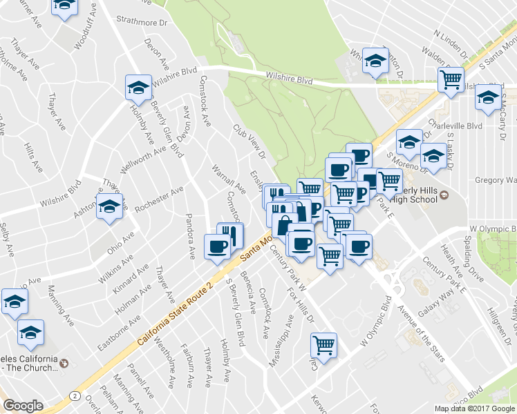 map of restaurants, bars, coffee shops, grocery stores, and more near 1714 Warnall Avenue in Los Angeles