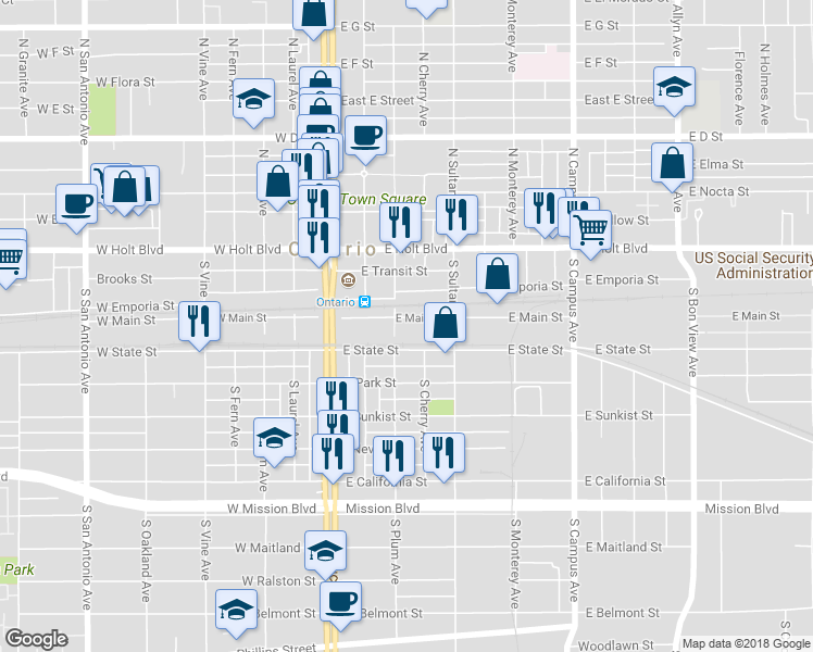 map of restaurants, bars, coffee shops, grocery stores, and more near 300 East Main Street in Ontario