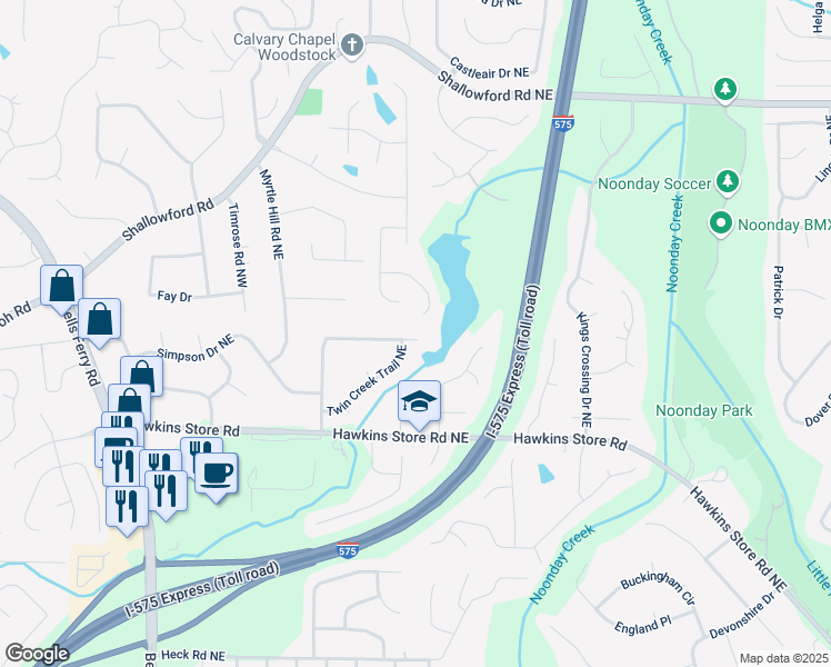 map of restaurants, bars, coffee shops, grocery stores, and more near 4523 Twin Creek Drive Northeast in Kennesaw