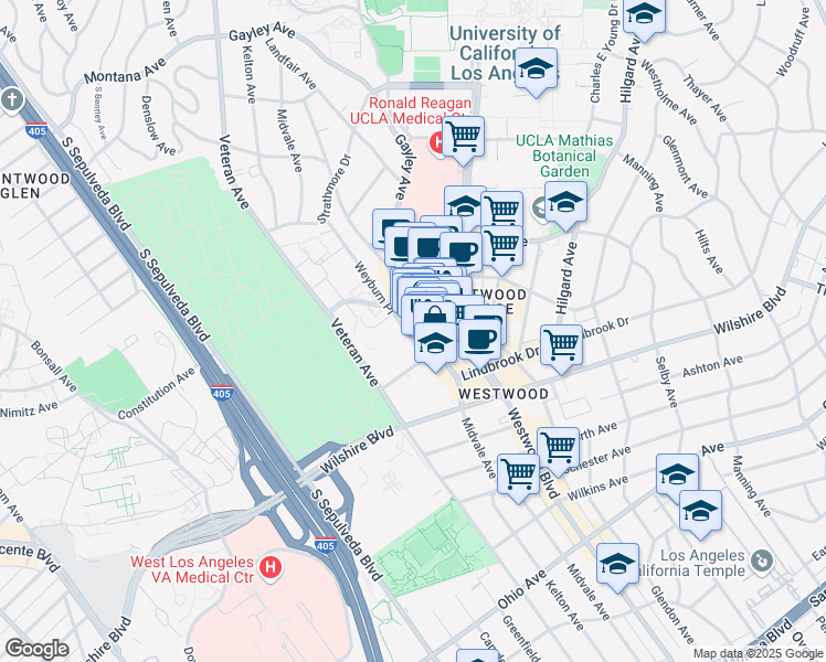 map of restaurants, bars, coffee shops, grocery stores, and more near 1059 Weyburn Place in Los Angeles