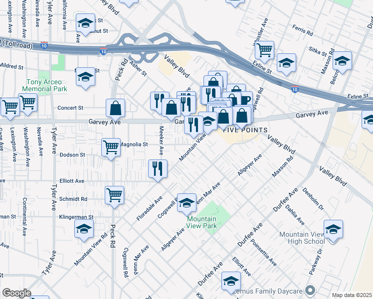 map of restaurants, bars, coffee shops, grocery stores, and more near 2735 Mountain View Road in El Monte