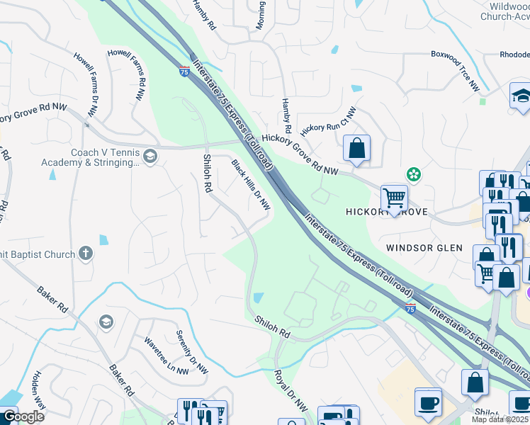 map of restaurants, bars, coffee shops, grocery stores, and more near 4433 Black Hills Drive Northwest in Acworth
