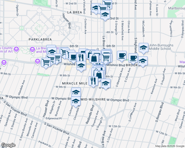 map of restaurants, bars, coffee shops, grocery stores, and more near 751 South Detroit Street in Los Angeles